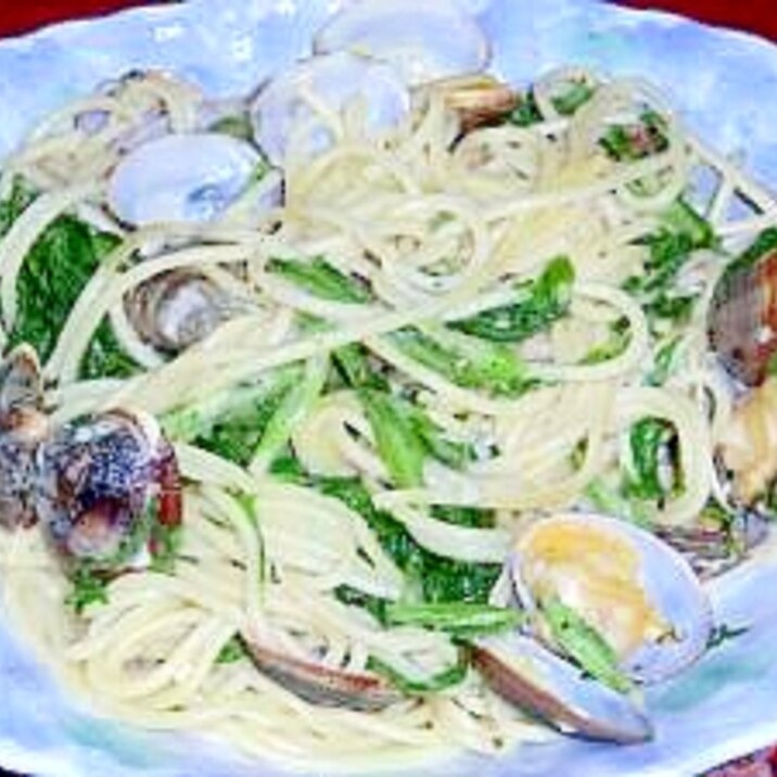 鷹の爪を効かせた、わさび菜とあさりのパスタ